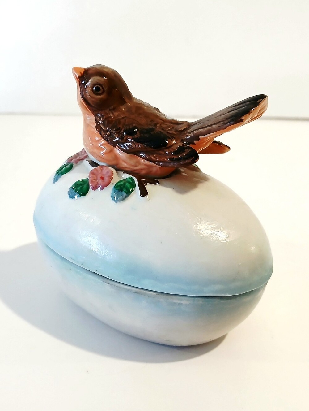 Vintage Ceramic Bird Trinket Box - Brown Bird on Light Blue Egg